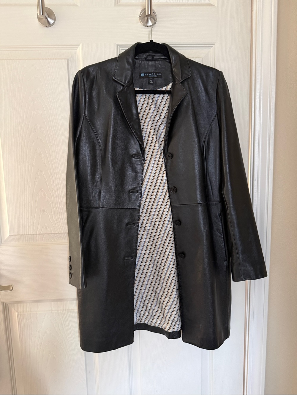 Vintage Black Leather Button-Front Women's Coat